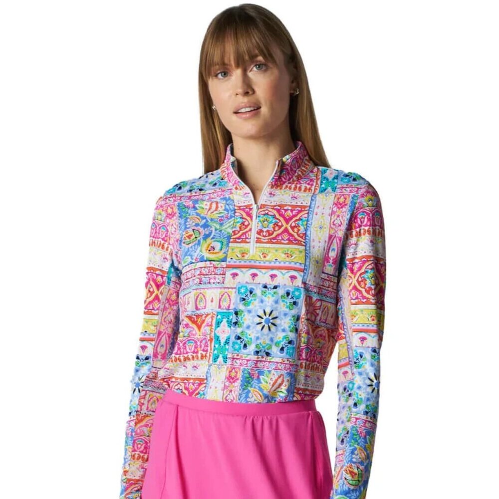 G LIFESTYLE Long Sleeve Mock Neck Top 1/4 Zip Colorful Abstract Print Golf sz XL